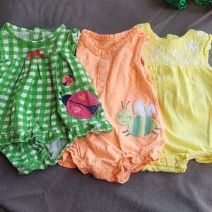 Carter's Set of 3 Girl  Baby Rompers - Green, Orange, Yellow Size 3 Month